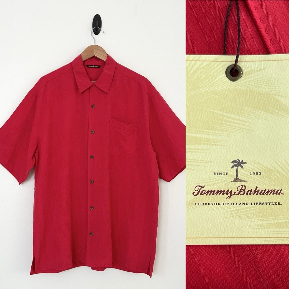 Tommy Bahama Men Large Salmon Tokyo Red Rialto Silk Linen Short Sleeve Shirt NWT